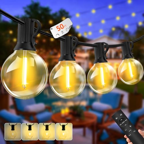 Lichterkette Außen Dimmbar- 15M Outdoor Lichterkette Strom 25+2 LED G40 Glühbirnen Wetterfest Balkon Lichterkette Aussen Innen mit Fernbedienung IP44 Wasserdicht für Garten Party Terrasse Warmweiß von GHUSTAR