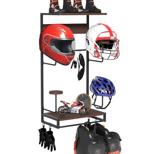 GHWMYD Helm Halterung Wandhalterung, Motorradhelmhalter Plattenständer Display Organizer mit 2 Holzschichtbrettern, 4 Helm ständer für Motorrad, Fußball & Radfahrerausrüstung, Dunkelbraun von GHWMYD