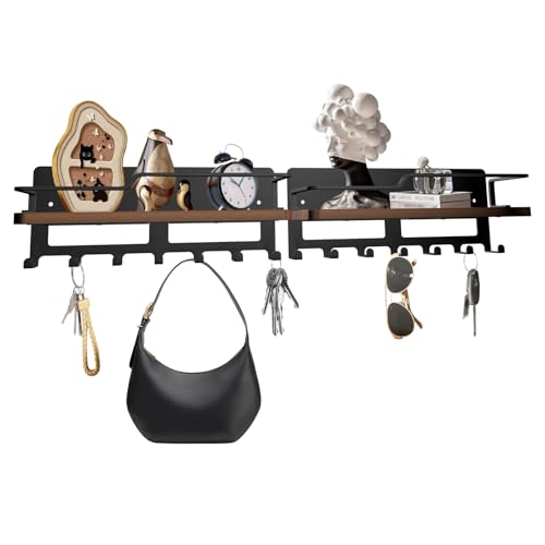 GHWMYD Wandgarderobe mit Aufbewahrungsregal 61cm für Wohnzimme und Schlafzimmer, Retro Schlüsselhalter mit 7 Haken für Eingang, Multifunktionales Garderobenleiste, 2 Stück von GHWMYD