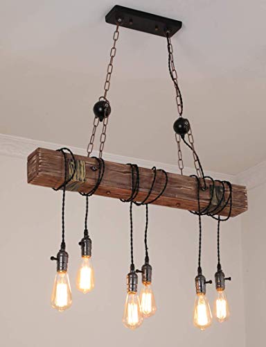 GHY Holz Retro Pendelleuchte Vintage Industrial Metall Hängelampe 6*E27 Höhenverstellbar Pendellampe Hängeleuchte Kronleuchter Schwarz Für Küche Café Esszimmer Wohnzimmer Loft Rustikale Deckenleuchte von GHY