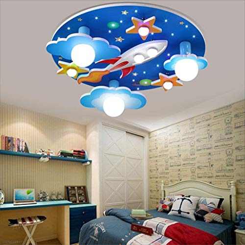 GHY LED Kinder Deckenleuchte Cartoon Lampe Kinderzimmerlampe Design Acryl Hölzern Lampeschirm Deckenlampe Zimmer Schlafzimmer Jungen Mädchen Moon Sternuniversum Kronleuchter,Blau von GHY