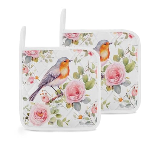 Topflappen mit Blumendruck, Aquarellfarben, Rotkehlchen, Vogel, für Küche, hitzebeständig, verdickt, mit Schlaufe, wasserdicht, Topflappen, Set mit niedlichen Ofen-Heißpads, Frottee, zum Kochen, Topflappen mit Blumendruck, Aquarellfarben, Rotkehlchen, Vogel, für Küche, hitzebeständig, verdickt, mit Schlaufe, wasserdicht, Topflappen, Set mit niedlichen Ofen-Heißpads, Frottee, zum Kochen, von GHZWACKJ
