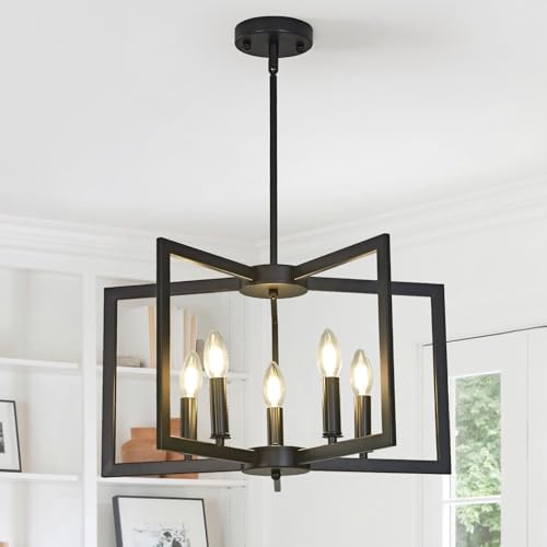GHiycotdl Moderne Kronleuchter,E14 Pendelleuchte Esstisch,Rustikal Vintage Deckenleuchte,Metall Hängelampe Esstisch Für Esszimmer Wohnzimmer Foyer Flur Holzrahmen (Schwarz,5 Lights) von GHiycotdl