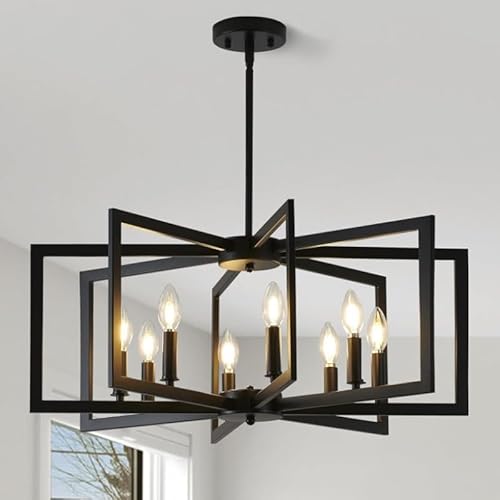 GHiycotdl Moderne Kronleuchter,E14 Pendelleuchte Esstisch,Rustikal Vintage Deckenleuchte,Metall Hängelampe Esstisch Für Esszimmer Wohnzimmer Foyer Flur Holzrahmen (Schwarz,8 Lights) von GHiycotdl