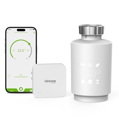 GHome Smart Heizkörperthermostat mit Gateway, Bluetooth-Verbindung App Steuerung, Energieeffizient, Intelligente Temperaturregelung,Zeitplan, Kompatibel mit Alexa, Google Assistant, Hub erforderlich von GHome Smart
