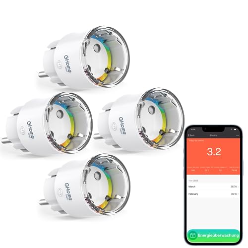 GHome Smart Steckdose, Kleinste ESP8285 Wlan Steckdose |Tasmota Flashing Unterstützung| Stromverbrauch Messen, App Fernsteuerung, Kompatibel mit Alexa, Google Home, 10A,TÜV-Zertifiziert, 2,4GHz(4 pcs) von GHome Smart