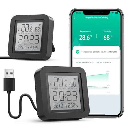 GHome Smart WLAN Thermometer Hygrometer, Smart Infrarot-Fernbedienung, Digital Temperatur luftfeuchtigkeitsmesser mit App-Benachrichtigungsalarm, kompatibel mit Alexa und Google Assistant(2 Pack) GHome Smart WLAN Thermometer Hygrometer, Smart Infrarot-Fernbedienung, Digital Temperatur luftfeuchtigkeitsmesser mit App-Benachrichtigungsalarm, kompatibel mit Alexa und Google Assistant(2 Pack) von GHome Smart