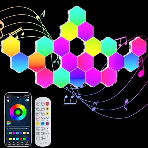 GIACOMO 20PCS LED Sechseck Gaming Wandleuchte, Hexagon RGB Panel, Smart Sechseck Wandleuchten Gaming Wand Licht App Steuerung Musik Sync,DIY Modular Geometry Assembly für Gamer Zimmer Room Decor von GIACOMO