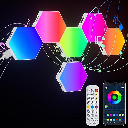 GIACOMO LED Sechseck Gaming Wandleuchte 6Stück Hexagon RGB Panel, Sechseck RGB Smart Wandleuchte Musik Sync App Steuerung, Hexa LED Light Panels Für zimmer & Gaming Deko von GIACOMO