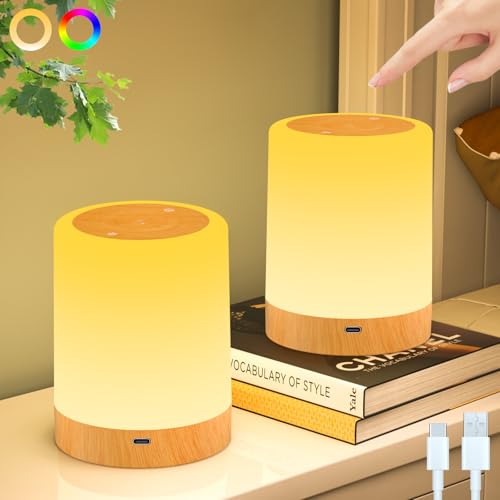 Nachttischlampe 2er Set mit 256 RGB Farben & 4 Modi, LED Nachttischlampe Touch Dimmbar, USB Aufladbare Nachtlicht Kinder mit Timing, Memory Funktion, Tischlampe Kabellos für Schlafzimmer, Wohnzimmer von GIACOMO