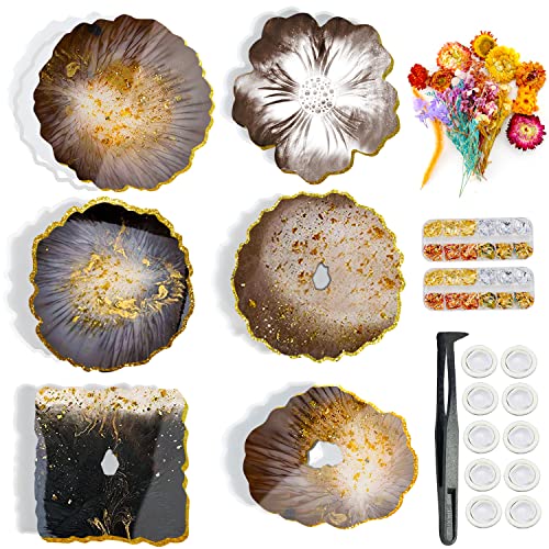 Silikonform Untersetzer Silikonformen Epoxidharz 6 Stück Epoxidharz Formen Untersetzer mit Blattgold und Pinzette Echt Gepresste Getrocknete Blumen DIY Kunstharz Gießen Resin Art von GIAK