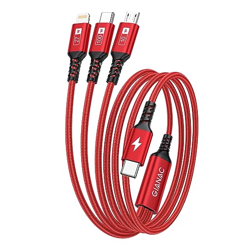 100W USB C auf Multi USB Ladekabel [1.2M] Ladekabel 3 in 1 Schnellladekabel mit E-Mark Chip Multi Ladekabel USB C auf USB C[100W]+Micro[10W]+Lightning[27W] für Galaxy S23/iPad Pro, MacBook, iPhone 15 von GIANAC