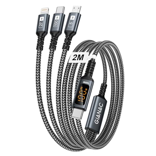 100W USB C auf Multi USB Ladekabel [2M] Ladekabel 3 in 1 Schnellladekabel mit E-Mark Chip Multi auf USB C[100W]+Lightning[27W]+Micro[5W] mit LED Display für Galaxy Galaxy S24/S23,iPhone 16/15/14 von GIANAC