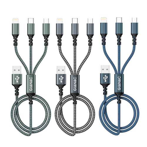 GIANAC Multi USB Kabel [3Stück 1.2M] 3 in1 Universal Ladekabel Schnell Ladekabel Mehrfach Ladekabel mit Micro USB Typ C Lightning Kabel für iPhone, Android Galaxy, Huawei,Oneplus,Sony,Honor View von GIANAC