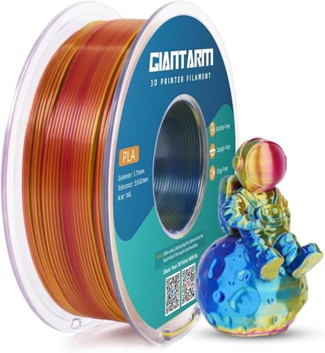 GIANTARM Dreifarbiges Seiden PLA Filament 1.75mm(±0.02mm) 1kg, für 3D Drucker, 1 Rolle vakuumverpackt,glänzend wunderschöner dreiseitiger Farbwechseleffekt,PLA Silk tricolor, Rot+Gelb+Blau von GIANTARM