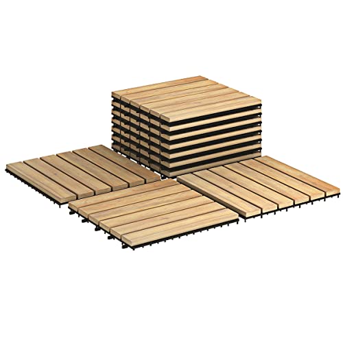 GIANTEX 10 Stück Holzfliesen Akazie 30x30 cm, Terrassenfliesen Balkonfliesen Klicksystem, Bodenfliesen Gartenfliesen zuschneidbar, Fliesen wetterfest für Aussenbereich, Holzfarbe (Gerade Muster) von GIANTEX