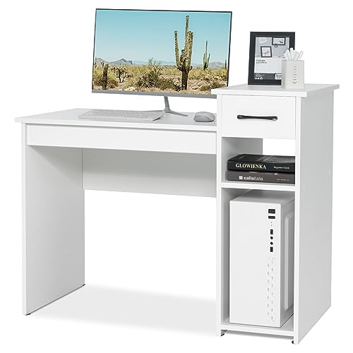 GIANTEX 102cm Computertisch, Schreibtisch mit Schubladen & Aufbewahrungsregalen, moderner einfacher Gaming Tisch/für Zuhause und Büro, einfacher Zusammenbau (Weiß) von GIANTEX