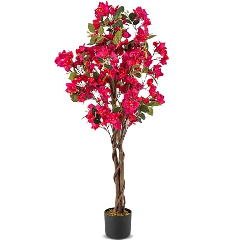 GIANTEX 120 cm Kunstbaum mit Blüten, Kunstpflanze Künstliche Pflanze Bougainvillea Baum, Zimmerpflanze Deko im Zementtopf, Dekopflanze Grünpflanze mit Stämmen, Kunstblume Innendekoration (Rosa,1) von GIANTEX
