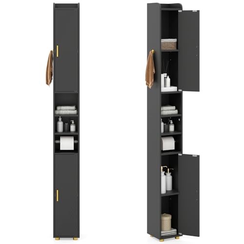 GIANTEX 179 cm Badezimmerschrank, schmaler Hochschrank mit 2 Türen, 3 offenen Ablagen, Haken & Toilettenpapierhalter, 20 x 20 cm Aufbewahrungsschrank für Büro, Küche & Flur (Schwarz) von GIANTEX