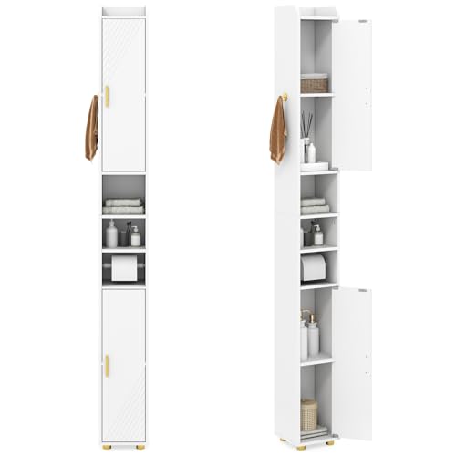 GIANTEX 179 cm Badezimmerschrank, schmaler Hochschrank mit 2 Türen, 3 offenen Ablagen, Haken & Toilettenpapierhalter, 20 x 20 cm Aufbewahrungsschrank für Büro, Küche & Flur (Weiß) von GIANTEX