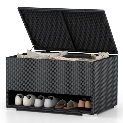 GIANTEX 186L Auflagenbox, Rattan Gartenbox mit Schuhregal, Outdoor Aufbewahrungsbox mit wasserabweisendem Schutzfutter, Kissenbox für Terrasse, Veranda & Poolseite (Schwarz) von GIANTEX