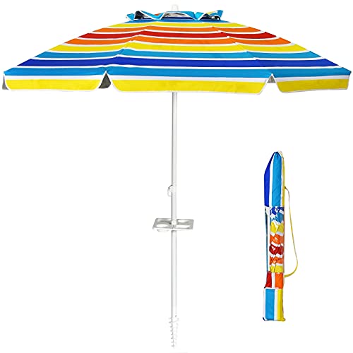 GIANTEX 220 cm Sonnenschirm, Strandschirm mit Verankerung & Getränkehalter, neigbarer Gartenschirm Terrassenschirm, Marktschirm mit Tragetasche, Schirm rund Sonnenschutz UV50+ (Bunt) von GIANTEX
