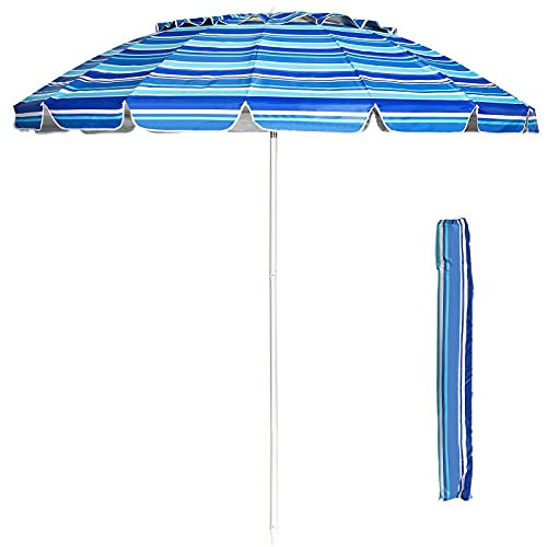 GIANTEX 243 cm Sonnenschirm, Strandschirm mit Verankerung, neigbarer Gartenschirm Terrassenschirm, Marktschirm mit Tragetasche, Schirm rund Sonnenschutz UV50+ (Blaue Streifen) von GIANTEX