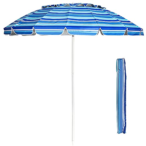 GIANTEX 243 cm Sonnenschirm, Strandschirm mit Verankerung, stabiler Gartenschirm Terrassenschirm, Marktschirm mit Schutzhülle, Schirm rund Sonnenschutz UV50+ (Blaue Streifen) von GIANTEX