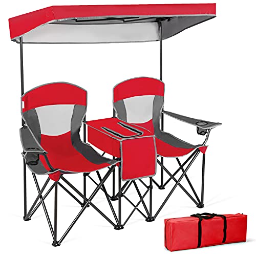 GIANTEX 2er Partner Campingstuhl mit Sonnendach, klappbarer Doppel Angelstuhl mit Mini-Tisch & Kühltasche & Getränkehalter, Klappstuhl Faltstuhl für 2 Personen, Anglerstuhl in Tasche(Rot) von GIANTEX