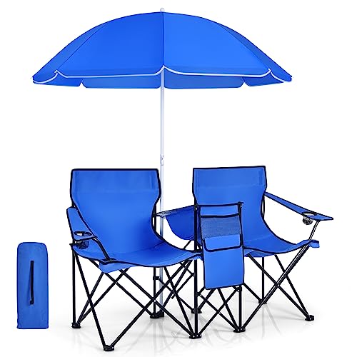 GIANTEX 2er Partner Campingstuhl mit Sonnenschirm, klappbarer Doppel Angelstuhl mit Getränkehalter & Kühltasche, Klappstuhl für 2 Personen, Anglerstuhl in Tasche, Faltstuhl Doppelsitzer, Blau von GIANTEX