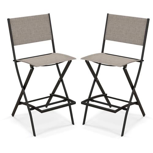 GIANTEX 2er Set Barhocker Outdoor, Gartenstühle Klappbar, Barstühle mit Fußstütze, Sitzhöhe 71cm, Terrassenstühle mit atmungsaktivem Stoff und Metallrahmen (Braun) von GIANTEX
