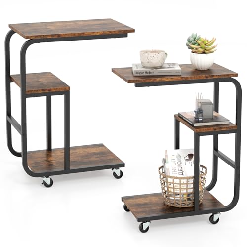 GIANTEX 2er Set Beistelltisch C-Form, Laptoptisch Notebooktisch mit Rollen, Couchtisch 3 Ebenen, Computertisch Industrie-Design, Kaffeetisch Sofatisch Pflegetisch Ablagetisch Wohnzimmer Schlafzimmer von GIANTEX