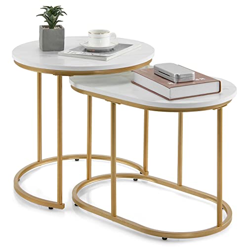 Giantex 2er Set Beistelltisch Marmor Gold, Couchtisch Sofatisch Verschiedene Größen, Wohnzimmertisch zusammenschiebbar, Kaffeetisch Satztisch modern Design, Nachttisch Goldener Metallrahmen von Giantex