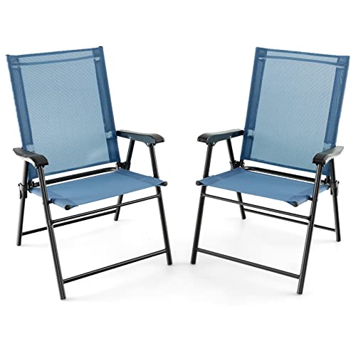 GIANTEX 2er Set Gartenstuhl klappbar, Klappstuhl Balkonstuhl, Terrassenstuhl mit hohen Rücken- & Armlehne, Garten Essstuhl wetterfest aus Metall & Textil, bis 150 kg belastbar (2, Blau, Kleine) von GIANTEX
