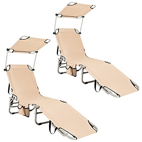 GIANTEX 2er Set Sonnenliege mit Dach, Gartenliege klappbar, Campingliege Strandliege Verstellbarer Rückenlehne, Liegestuhl mit Seitentasche, Liege Reiseliege bis 150 kg belastbar Relaxliege (Beige) von GIANTEX