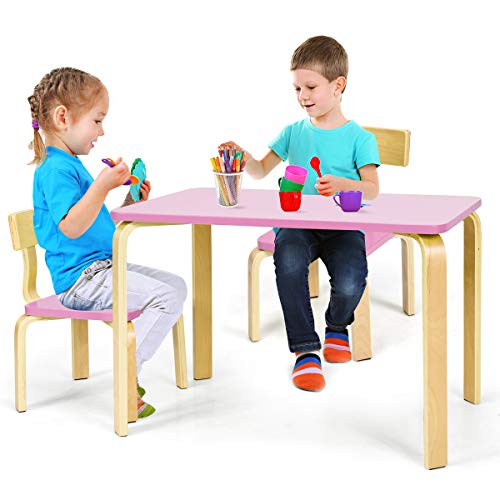 GIANTEX 3 TLG. Kindersitzgruppe, Holz Kindertisch mit 2 Stühlen, Kindermöbel Set zum Spielen Lernen Essen, Sitzgruppe für Vorschüler Kinder (rosa) von GIANTEX