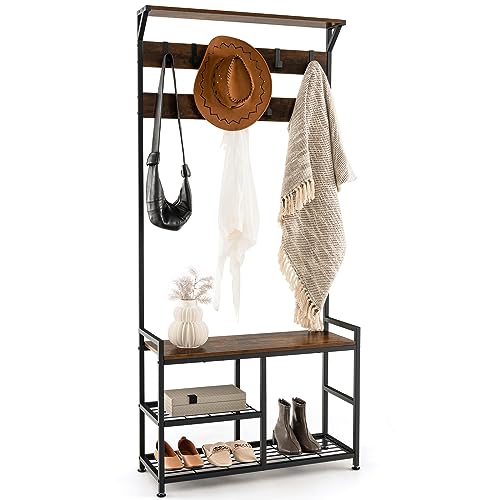 GIANTEX 3 in 1 Garderobenständer mit Schuhbank, Kleiderständer mit Schuhregal, Garderobe 3 Ebenen mit 9 Haken abnehmbar, Flurgarderobe Industrie mit Metallrahmen, Multifunktionaler Mantelständer GIANTEX 3 in 1 Garderobenständer mit Schuhbank, Kleiderständer mit Schuhregal, Garderobe 3 Ebenen mit 9 Haken abnehmbar, Flurgarderobe Industrie mit Metallrahmen, Multifunktionaler Mantelständer von GIANTEX