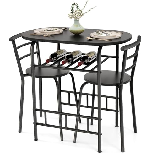 GIANTEX 3-teiliges Esszimmer-Set, 1 kleiner ovaler Tisch und 2 Stühle, mit Flaschenhalter, Tischplatte mit Holzmaserung, robuster Metallrahmen (Natur) (schwarz) von GIANTEX