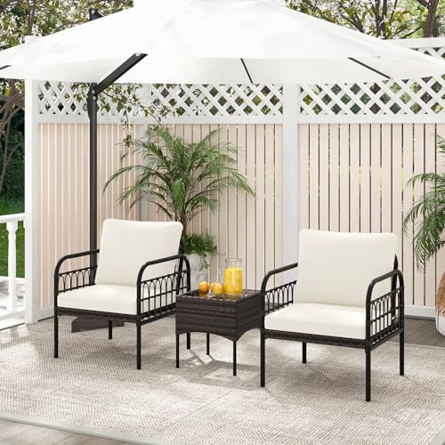 GIANTEX Gartenmöbel Set Rattan, Balkonmöbel Kleiner Balkon, Lounge Möbel Outdoor, Balkon Möbel für 2 Personen, Gartenlounge Set 2 Sessel & Tisch, 3 TLG. Gartensitzgruppe inkl. Sitz- und Rückenkissen von GIANTEX