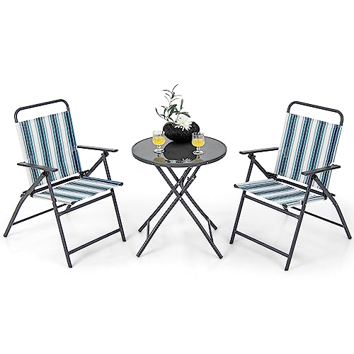 GIANTEX 3-teiliges Terrassenmöbel-Set, Bistro-Set aus Metall mit 2 Stühlen & rundem Kaffeetisch aus Glas, Sitzgarnitur mit Tisch für Hof, Veranda, Terrasse, Hinterhof von GIANTEX