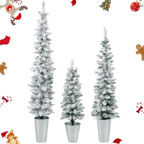 GIANTEX 3er Set Künstlicher Weihnachtsbaum in Vase mit gefälschten Bäumen 90/120/150cm, Dünne Weihnachtsbäume mit silbernen Metall-Eimern, Festliche Dekoration (Grün+Weiß) von GIANTEX