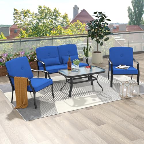 GIANTEX 4 TLG. Gartenmöbel Lounge Set, Gartenlounge Set mit Couchtisch & Gartenbank & 2 Essstühle, Balkonmöbel Set 4 Personen, Garten Sitzgruppe Sitzgarnitur mit Kissen, Terrassenmöbel Gartengarnitur von GIANTEX