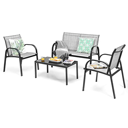 GIANTEX 4 TLG. Gartenmöbel Lounge Set, Gartenlounge Set mit Couchtisch & Gartenbank & 2 Essstühle, Textilene Balkonmöbel Set 4 Personen, Terrassenmöbel Garten Sitzgruppe Sitzgarnitur (Grau) von GIANTEX