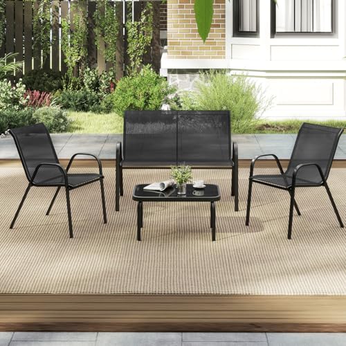 GIANTEX 4 TLG. Gartenmöbel Set, Gartenlounge Outdoor Möbelsets, Balkonmöbel Terrassenmöbel außen, Outdoor Sitzgruppe mit Couchtisch & Gartenbank & 2 Essstühle, Sitzgarnitur für 4 Personen, Balkonset von GIANTEX