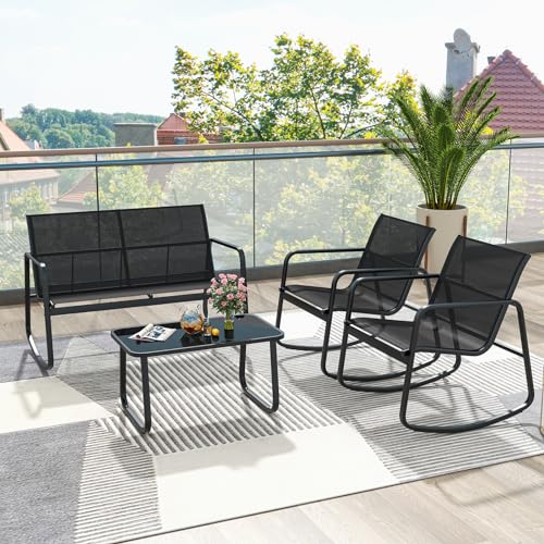 GIANTEX 4 tlg. Gartenmöbel Lounge Set, Gartenlounge Set mit Couchtisch & Gartenbank & 2 Schaukelstühlen, Textilene Balkonmöbel mit sanfter Schaukelbewegung, Terrassenmöbel Garten Sitzgruppe 4 Personen von GIANTEX