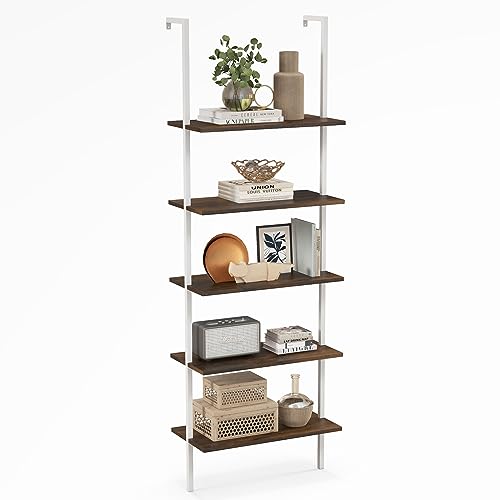 GIANTEX Leiterregal mit 5 Ebenen, Standregal Bücherregal aus Holz & Metallrahmen, Wandlehnregal Treppenregal Pflanzenregal modern für Wohnzimmer, Schlafzimmer, Büro, 60 x 30 x 180 cm (Braun) von GIANTEX