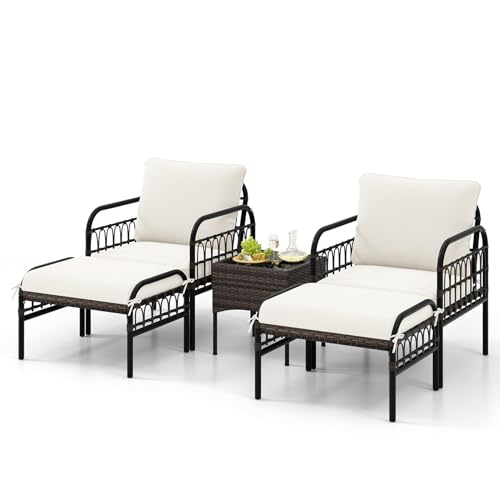 GIANTEX 5 TLG. Gartenmöbel Set, Rattan Garten Lounge Set 2 Rattansessel mit Hocker, inkl. Kissen, Balkonmöbel Kleiner Balkon, Lounge Möbel Outdoor Terrassenmöbel mit Tisch, Gartengarnitur Sitzgruppe von GIANTEX