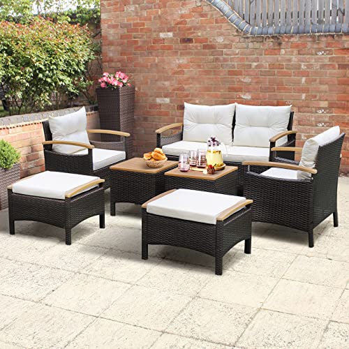 GIANTEX 7 TLG. Lounge Möbel Outdoor, Rattan Gartenmöbel Set 6 Personen, Balkonmöbel Set mit Bank & 2 Sesseln & 2 Hockern & 2 Couchtisch, Terrassenmöbel Outdoor Sitzgruppe, Gartengarnitur Gartenlounge von GIANTEX