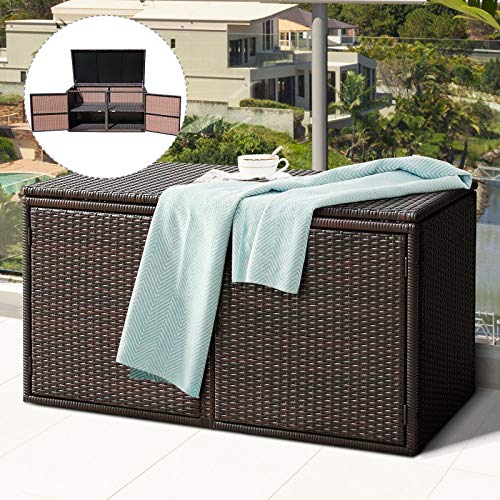 GIANTEX Auflagenbox Rattan 335 L mit Deckel, Gartenbox Kissenbox mit Doppeltüren & 2 Ablagen, Kissentruhe Aufbewahrungsbox Metallrahmen, Gartentruhe Auflagentruhe Gerätetruhe Truhenbank 115x60x65cm von GIANTEX