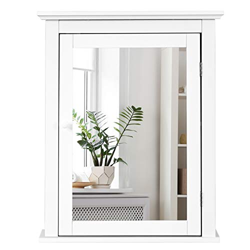GIANTEX Badezimmer Spiegelschrank, Badezimmerschrank Hängeschrank mit Spiegel, Badschrank Wandschrank Schminkschrank Badezimmerspiegel, mit höhenverstellbarer Regalebene, 56 x 15 x 69 cm (weiß) von GIANTEX